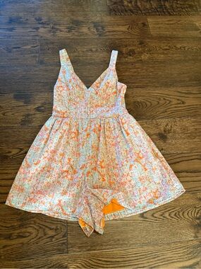 American Eagle Outfitters Beautiful Floral Orange & Pink Teen Romper-Pockets!